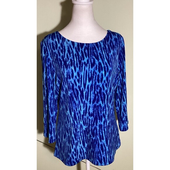 Carmen Marc Valvo Size L Blue Teal Animal Leopard Print 3/4 Sleeve Pullover Top - Picture 1 of 7